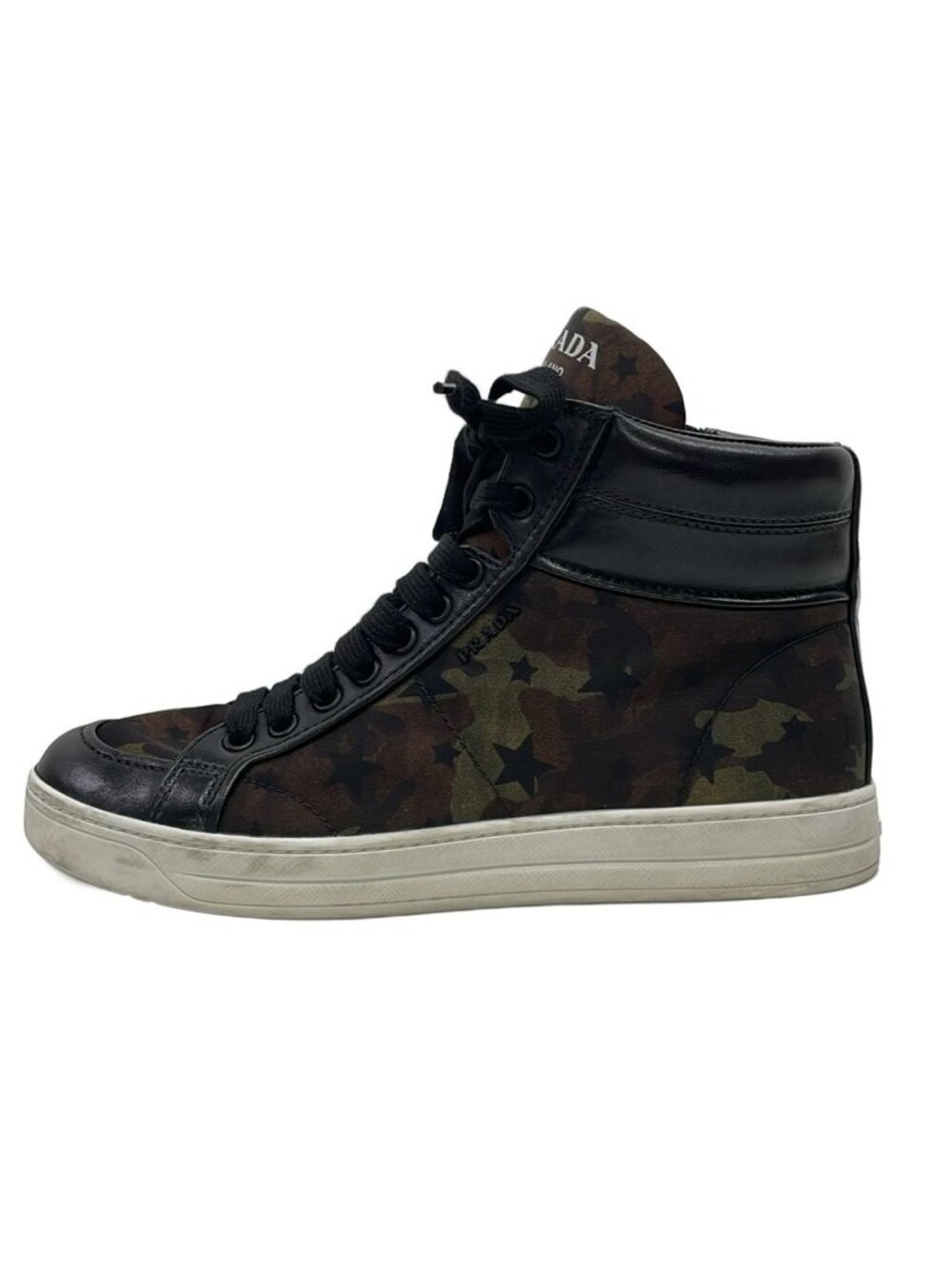Prada Sneakers Khaki Dark Brown Black High Cut Camouflage Pattern Star